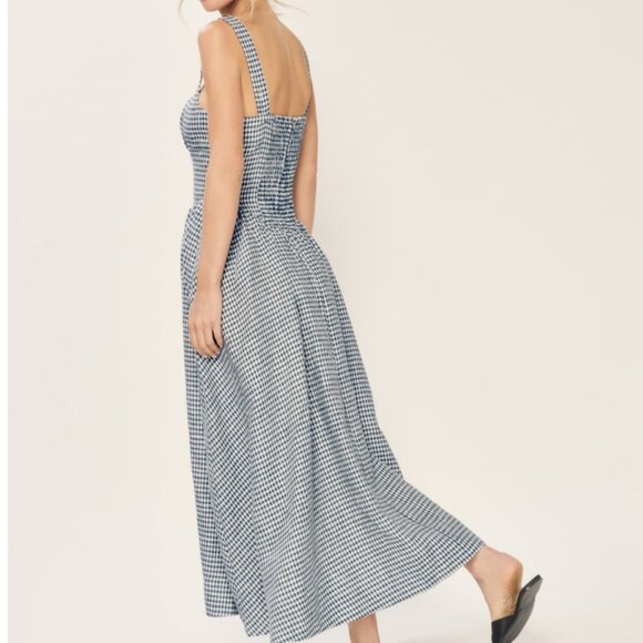 BEST Reformation Balia Linen Midi Dress Sz2 Slate Check Linen Blue White Party - Picture 12 of 13